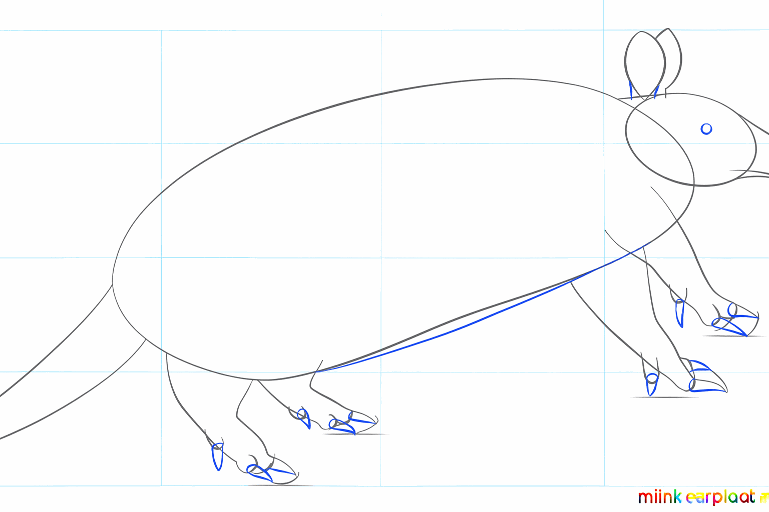 Details van de kop met oren, een mond en kleine voeten.