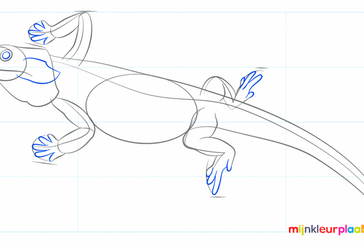 De mondlijn en de eerste aanzet voor de voeten van het reptiel.