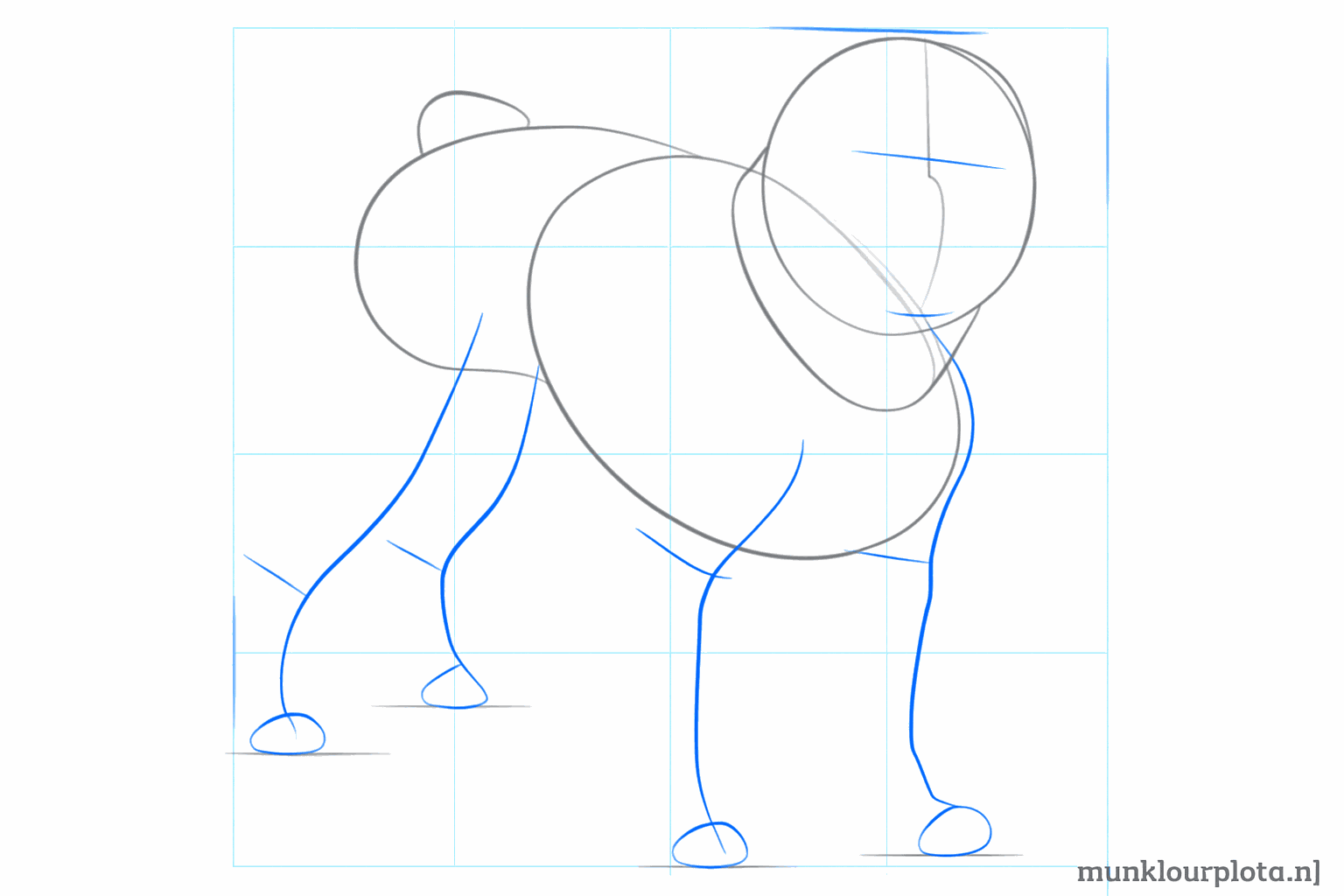 Hulplijnen in het gezicht en vier rechte strepen onder het lijf voor de pootjes.
