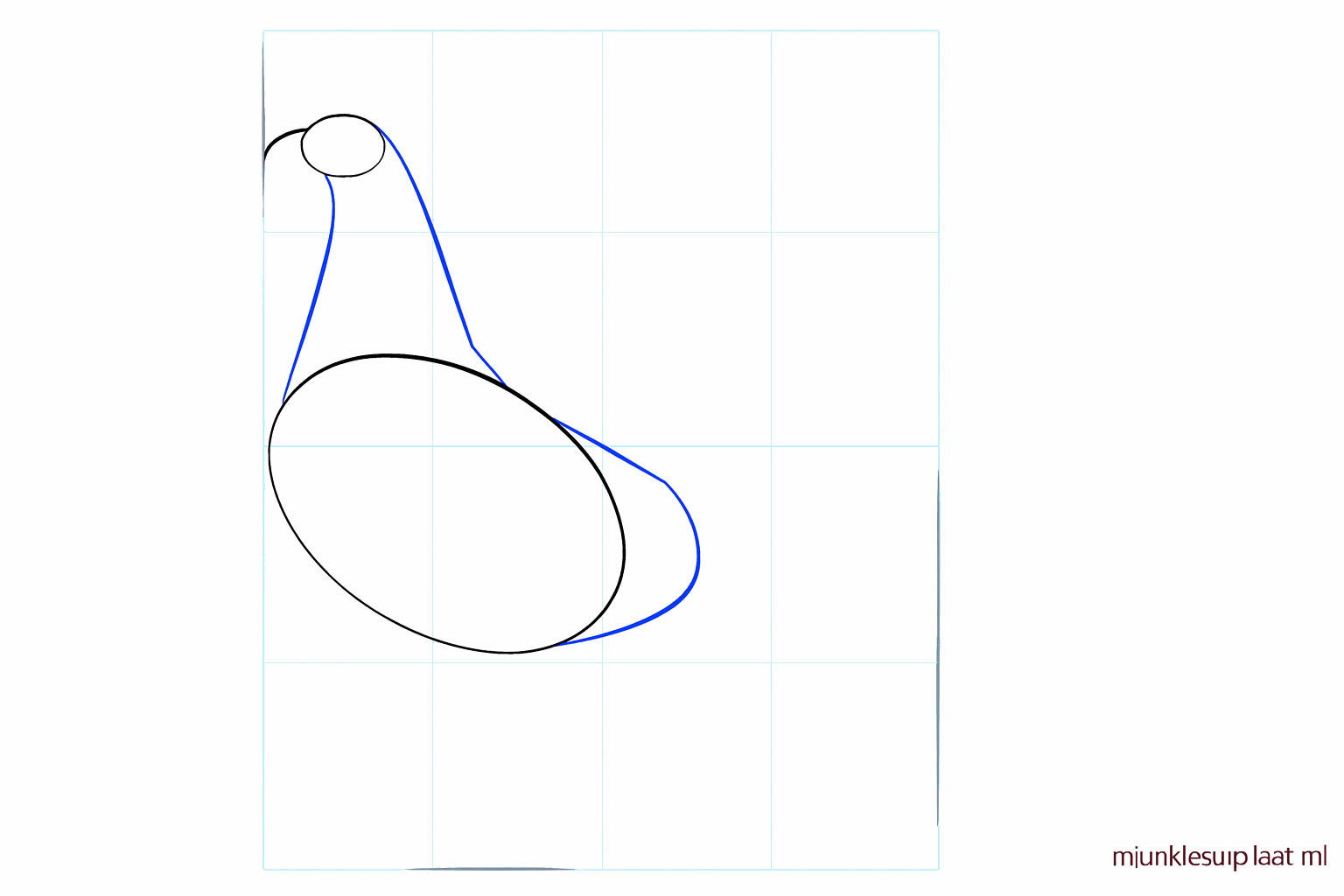 Twee lijnen die de kop en het lichaam van de haan verbinden.