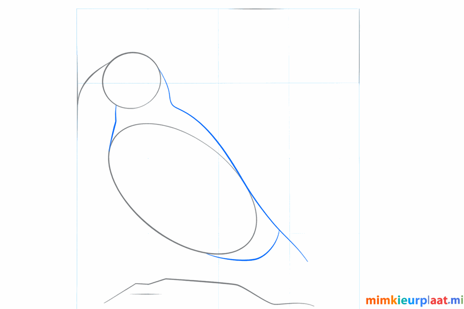 De neklijnen en een kort staartlijntje verbinden de vormen van de vogel.