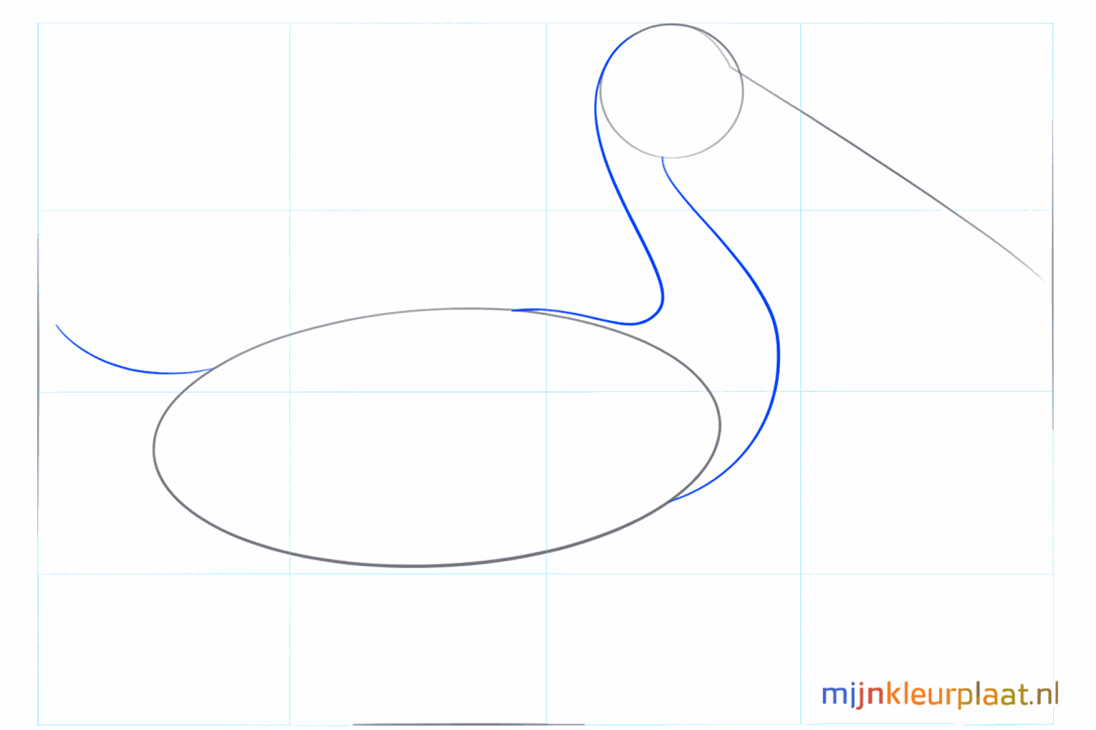 Hulplijnen voor de nek en een lange rechte lijn voor de snavel van de vogel.