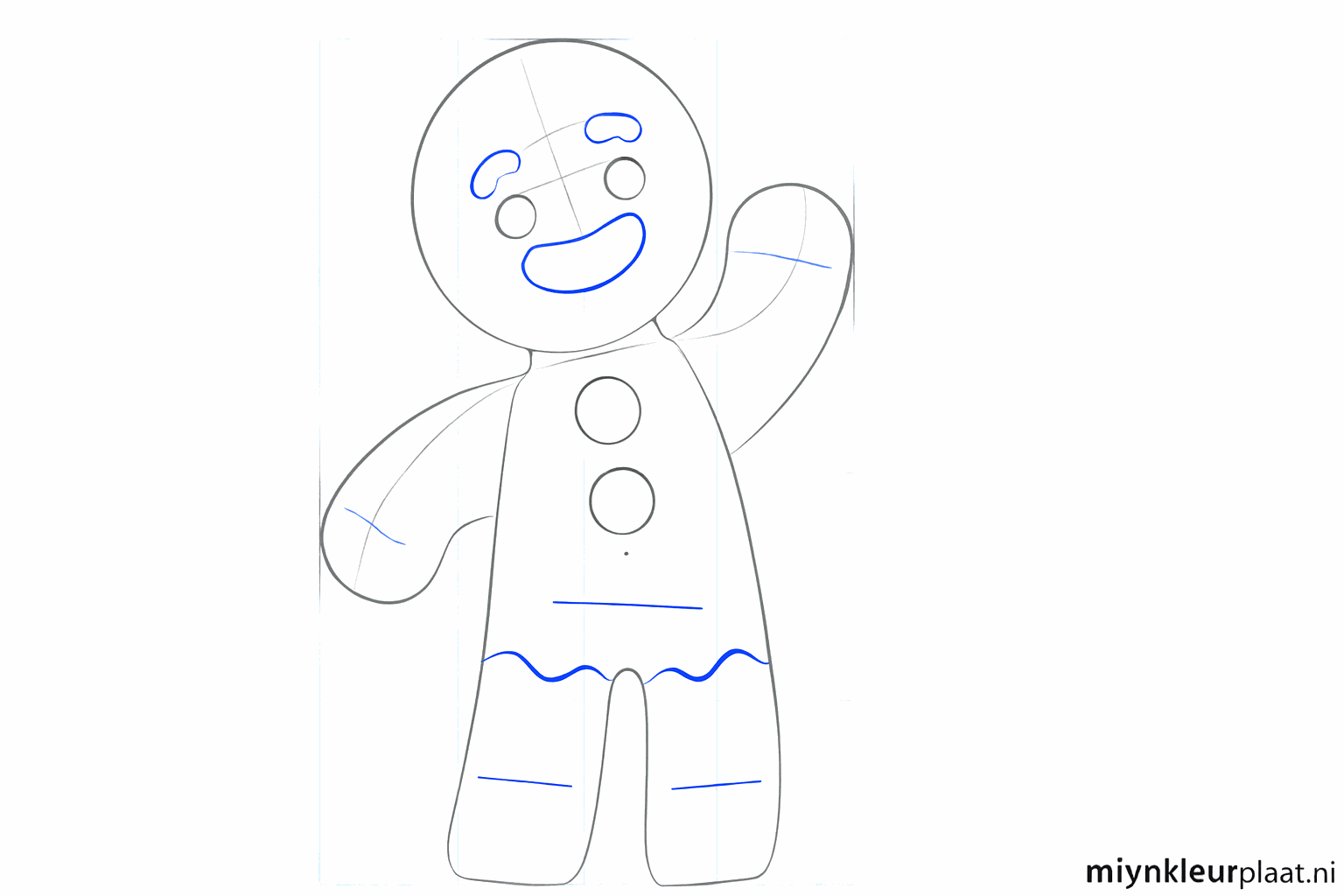 Ronde armen, ogen en ronde knopen op de buik van het mannetje.