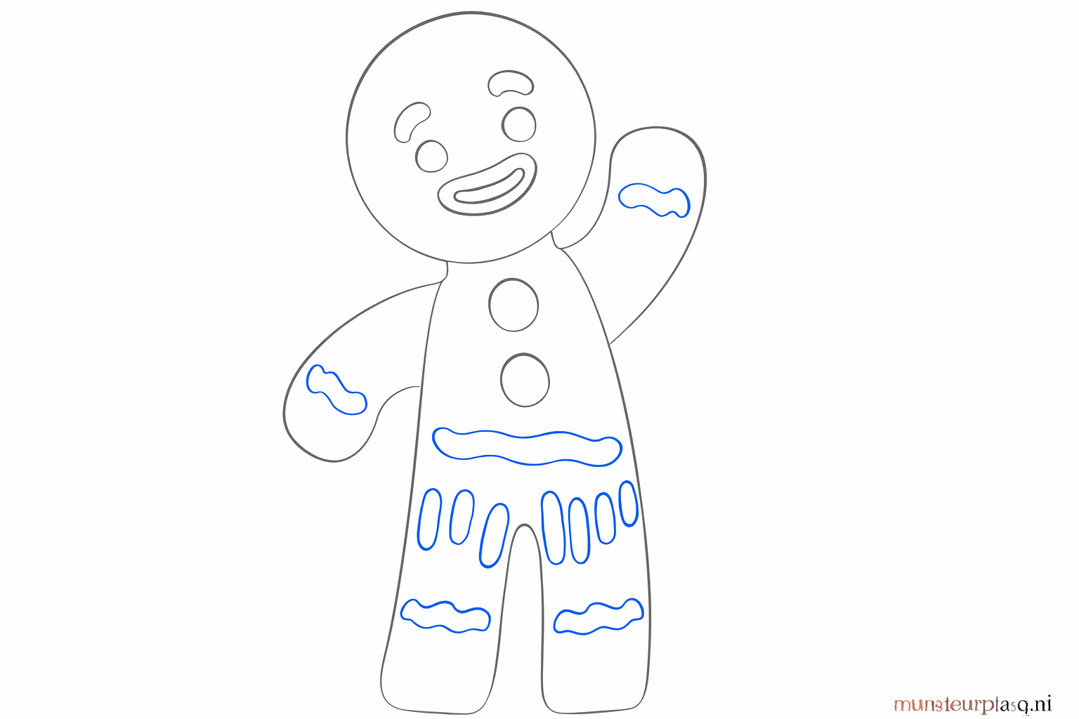 Golvende versieringen op de ledematen en een lachend gezichtje.