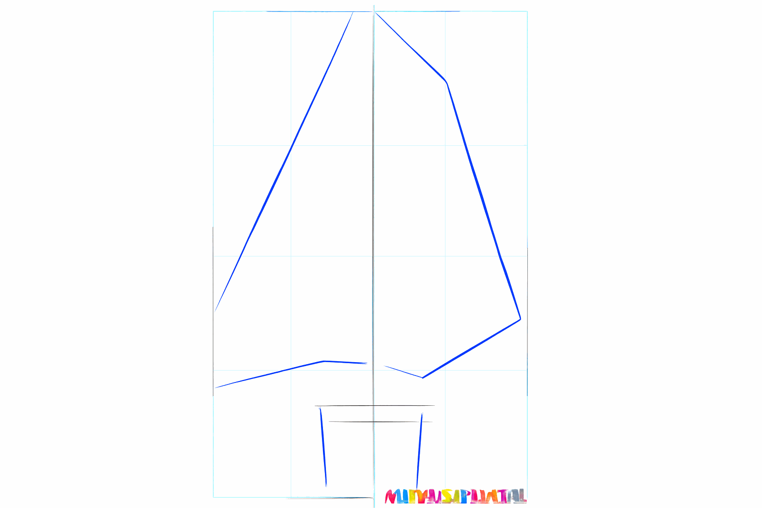Hulplijnen die de breedte en hoogte van de boom en de pot aangeven.
