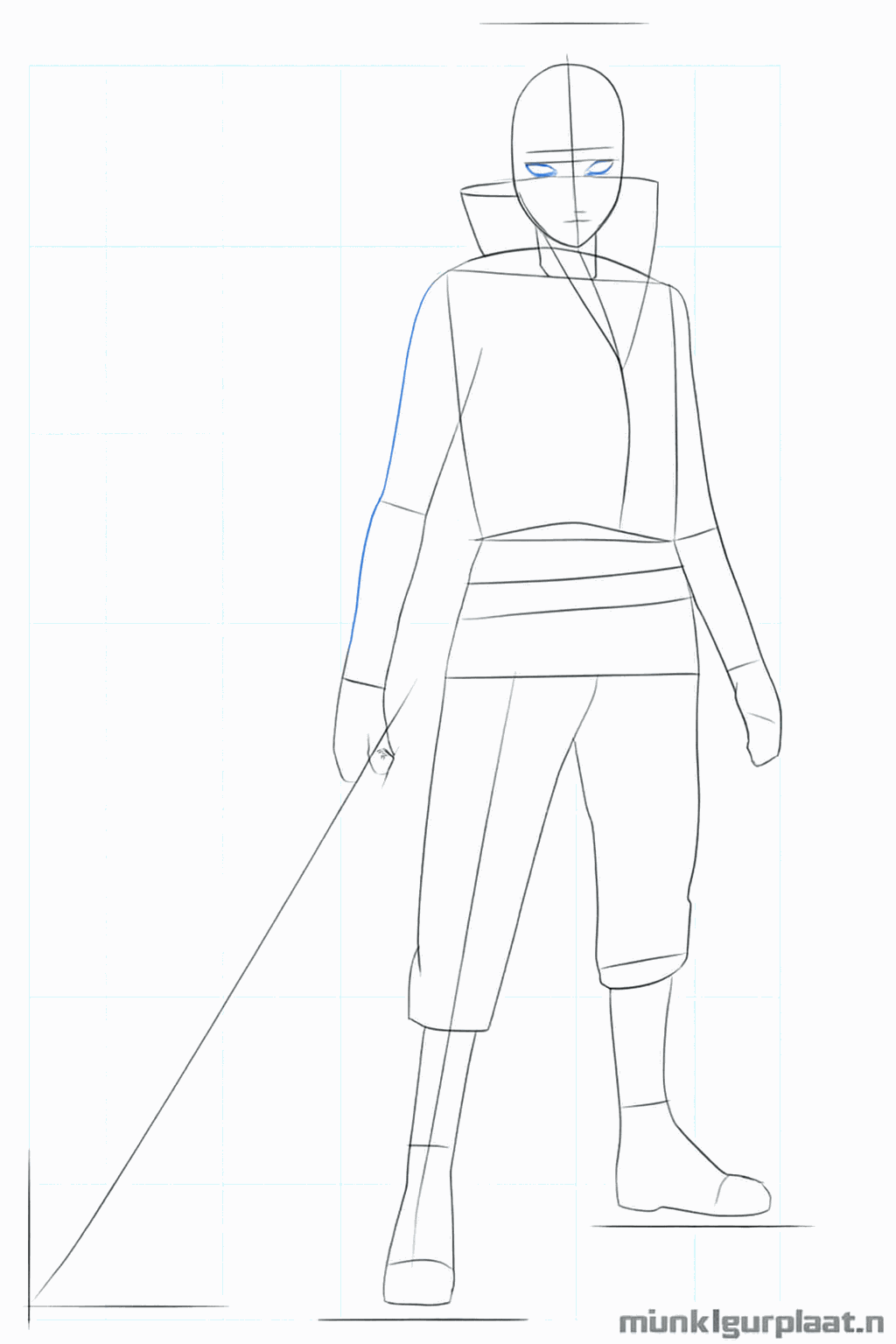 Vorm van het gezicht en de ogen van Sasuke getekend met simpele lijnen.