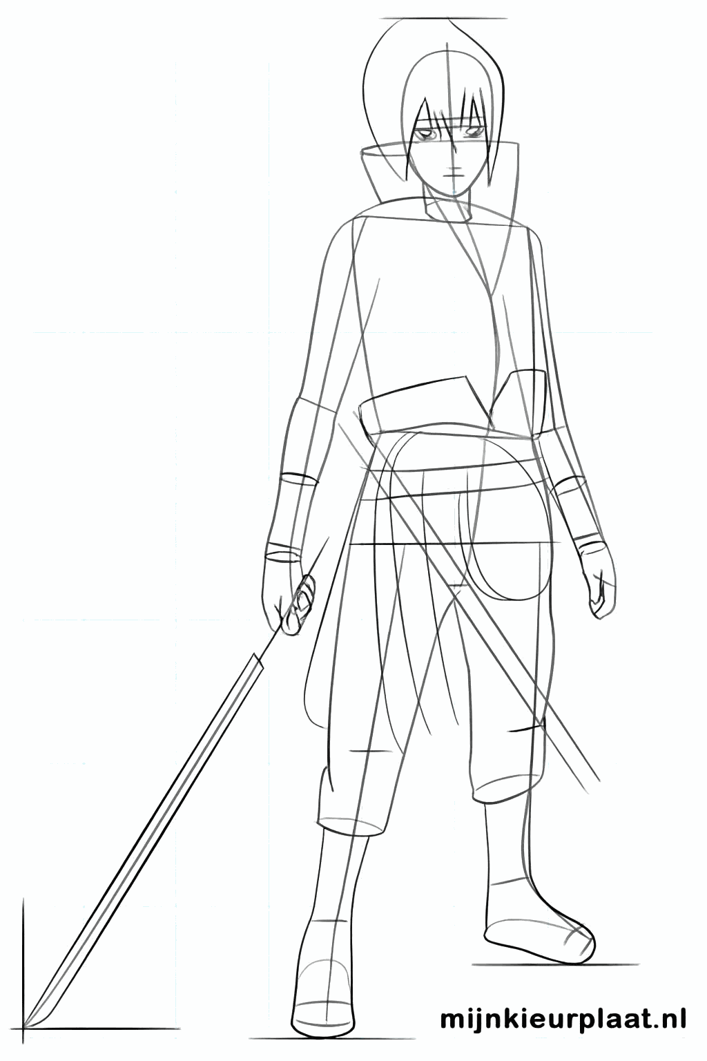 De eerste lijnen van de kleding en de mouwen van Sasuke.