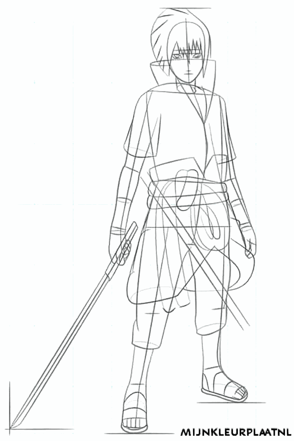 Sasuke met zijn kenmerkende stekelige haar en de details van zijn riem.