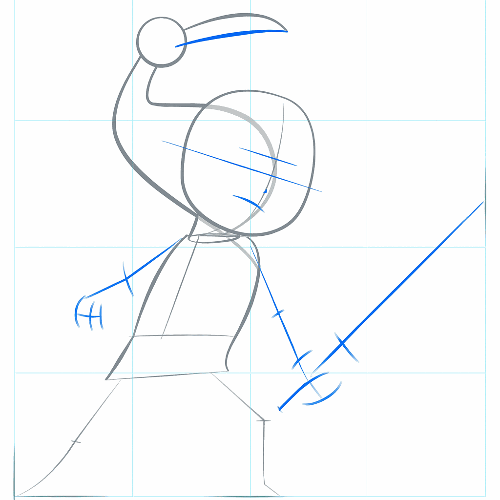 Hulplijnen voor de armen van Link en de positie van het zwaard.