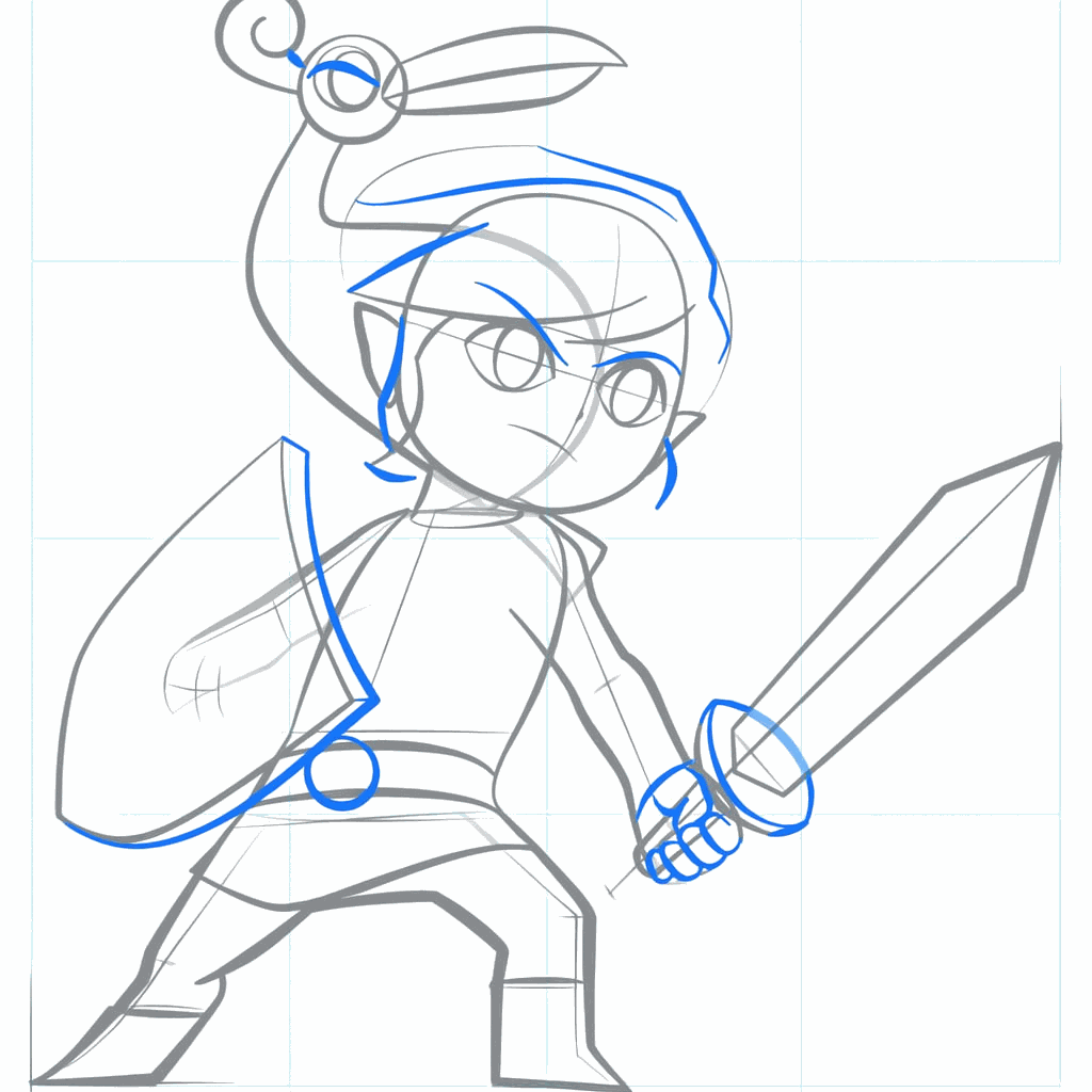 Details van de vingers, de riemgesp en de bovenkant van het zwaard.