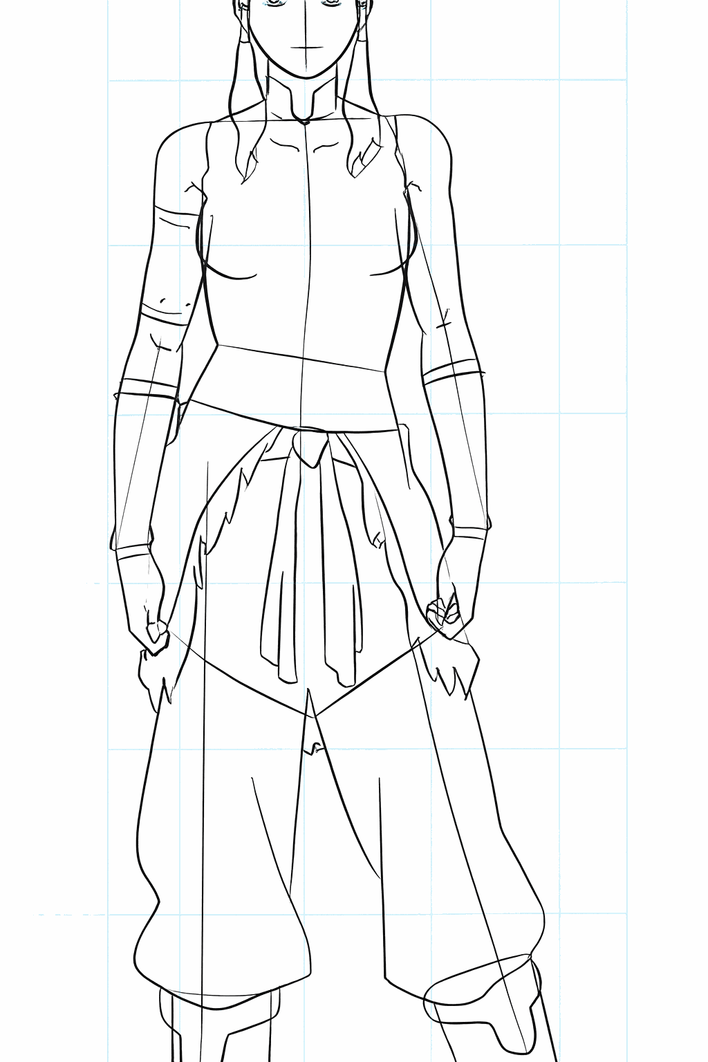 Gezichtskenmerken van Korra en details van haar schoeisel.