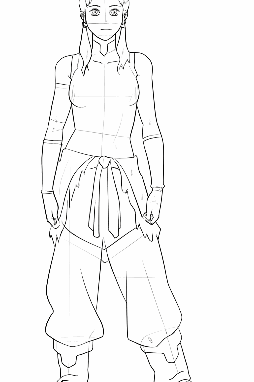 Verfijnde details van de kleding, accessoires en het haar van Korra.