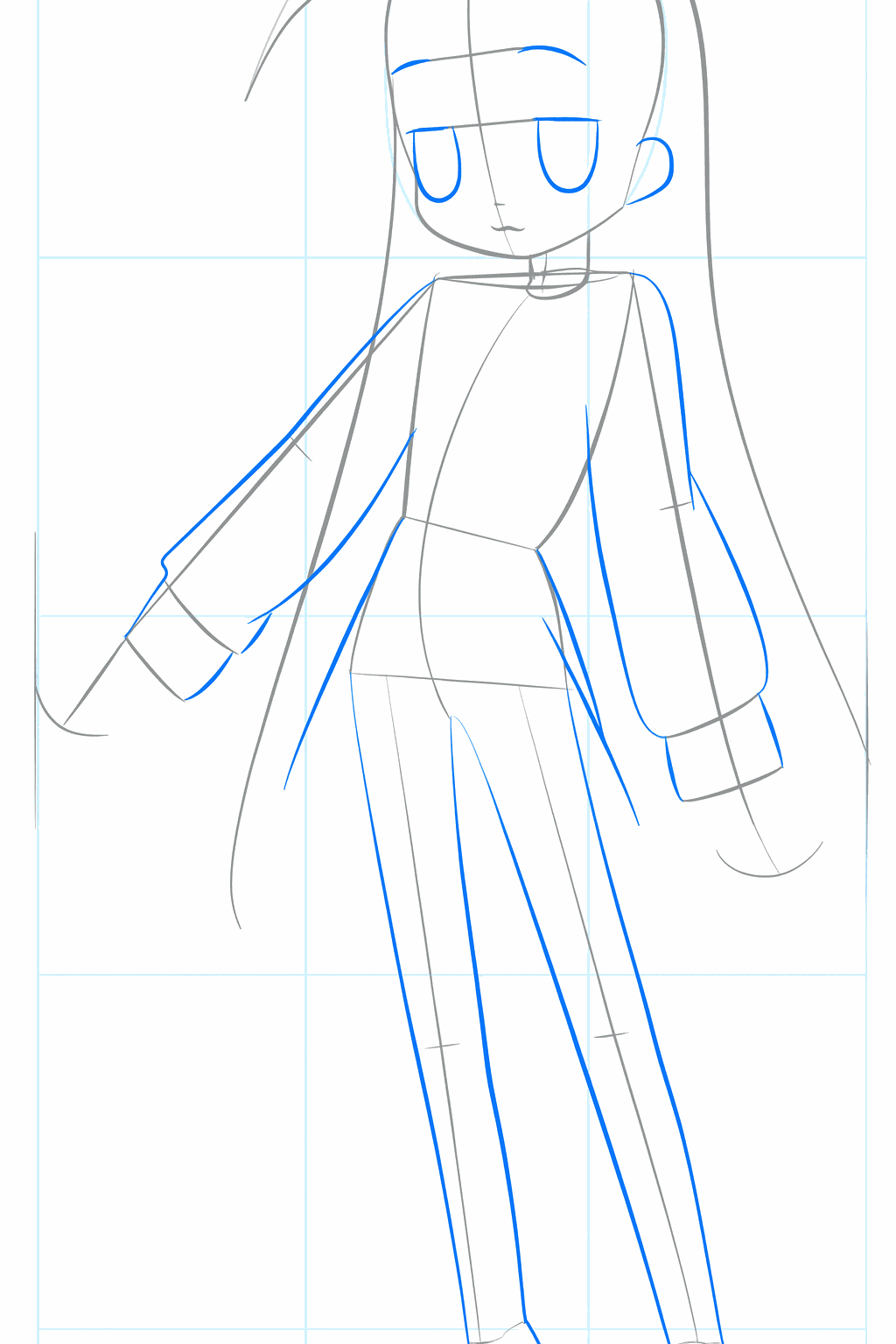 Ovale ogen en de vormen van de benen en mouwen tekenen.