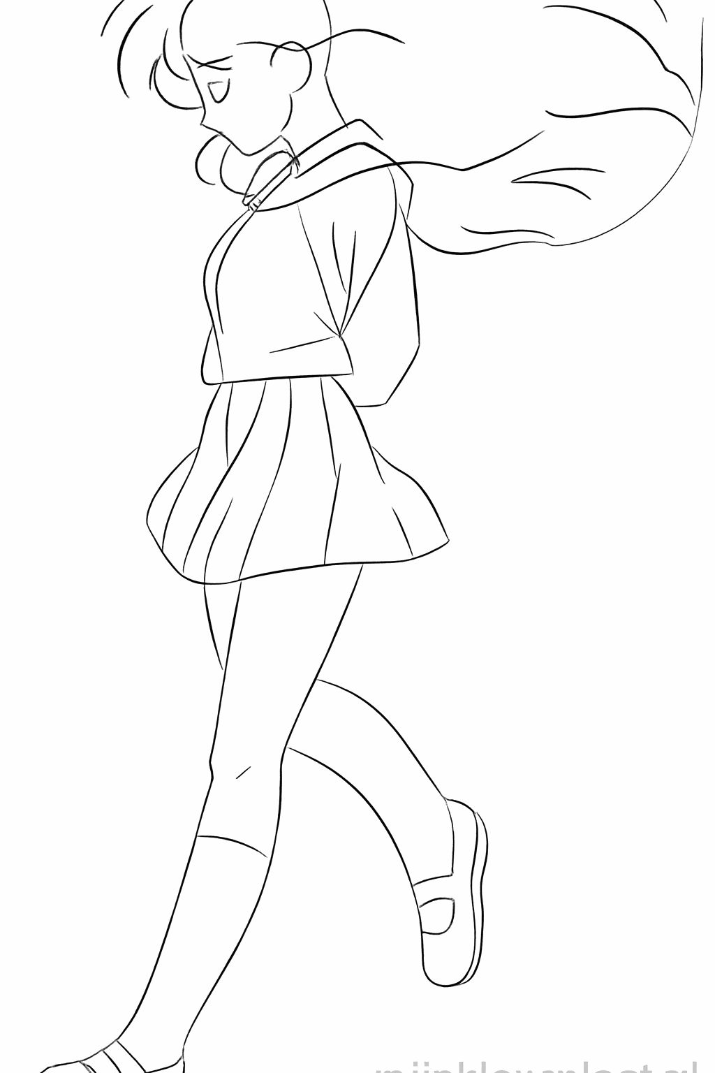 Schets van een zeemansstijl kraag en een geplooide rok.