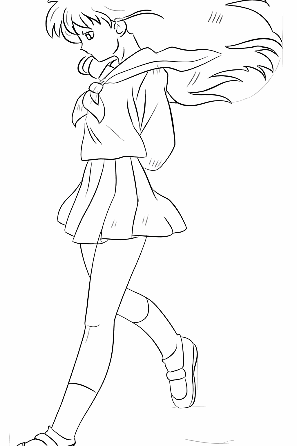 Gedetailleerde haarplukken en lijnen die plooien in de kleding aangeven.