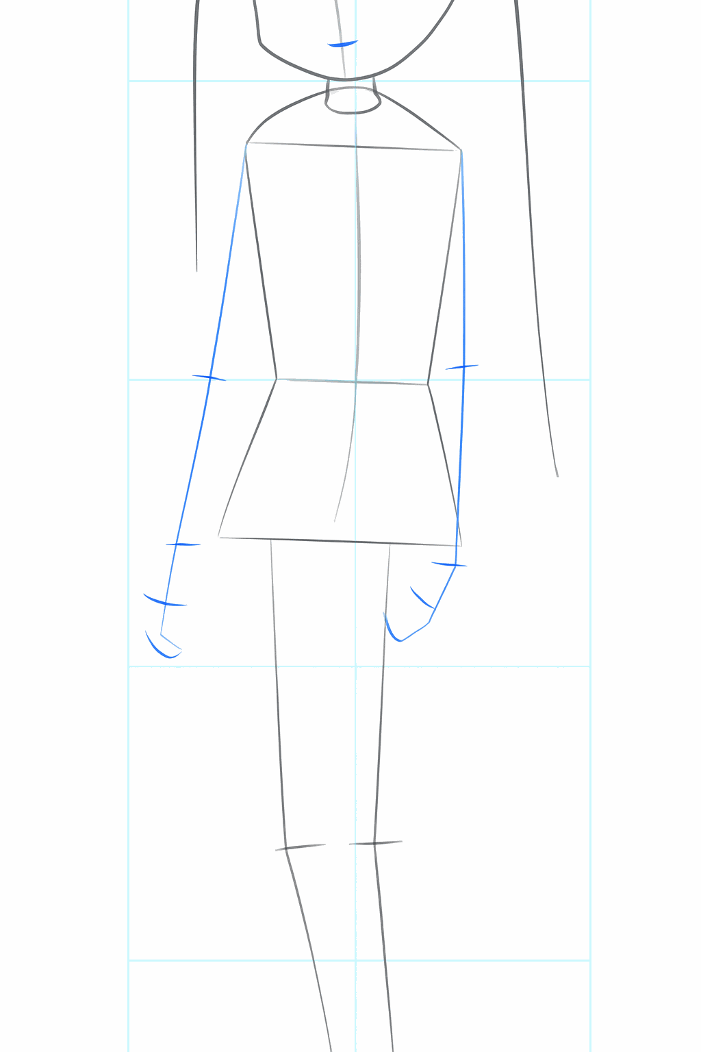 Lijnen en cirkels die de positie van de armen en benen aangeven.