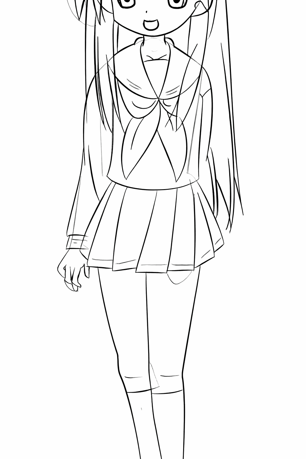 Verfijnen van de tekening met strakkere lijnen en details op de schoenen.