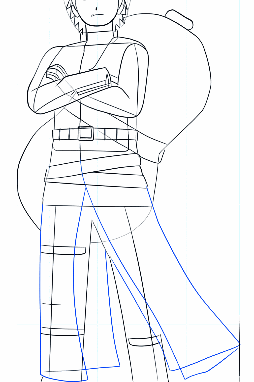 Omtrek van het haar en de grote kruik op de rug.