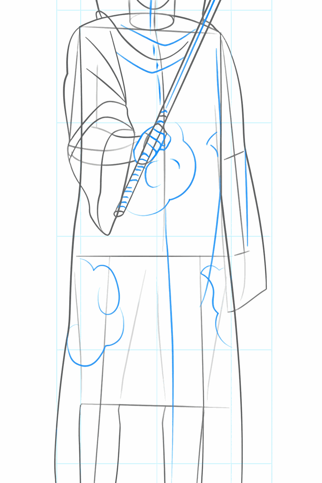 Een zwaard achter de rug en details van de voeten in sandalen.