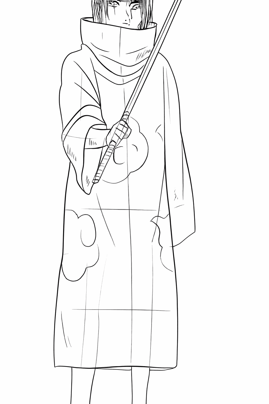 Kleine lijntjes voor kledingplooien en een stoere gezichtsuitdrukking.