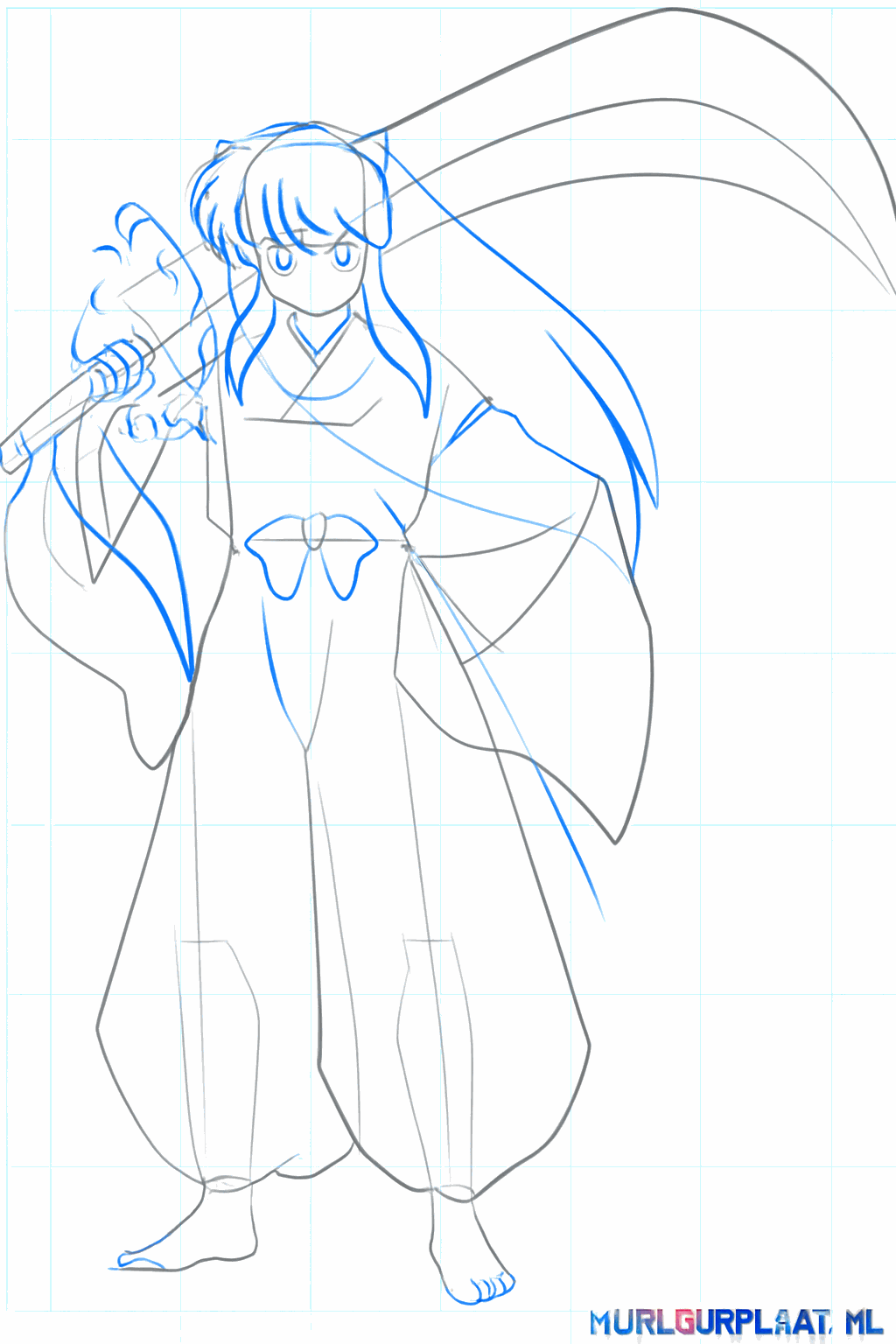 Gezichtsuitdrukking met grote ogen en details op de kleding.