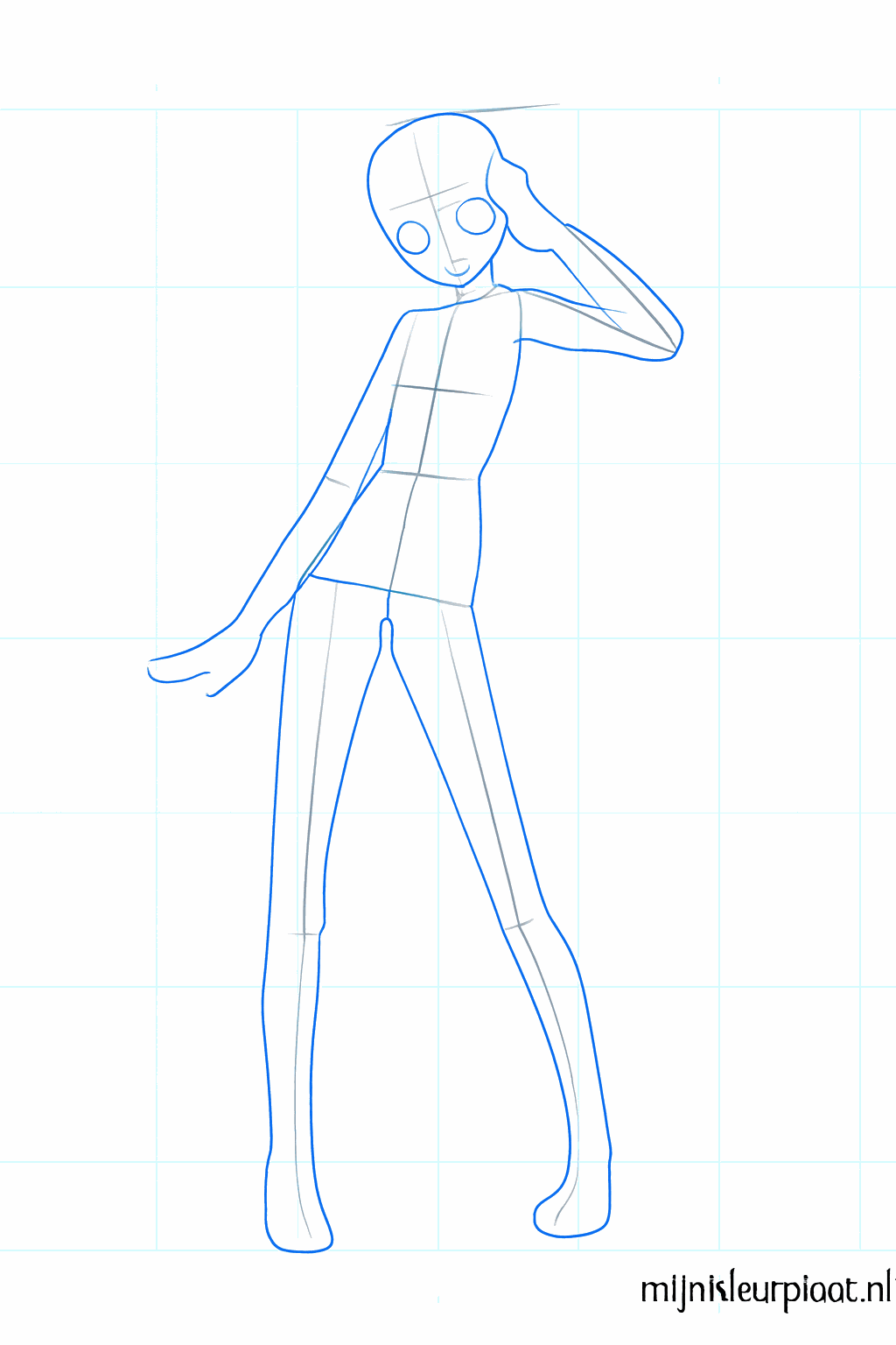 Vormen van de ledematen en een kleine glimlach op het gezicht.