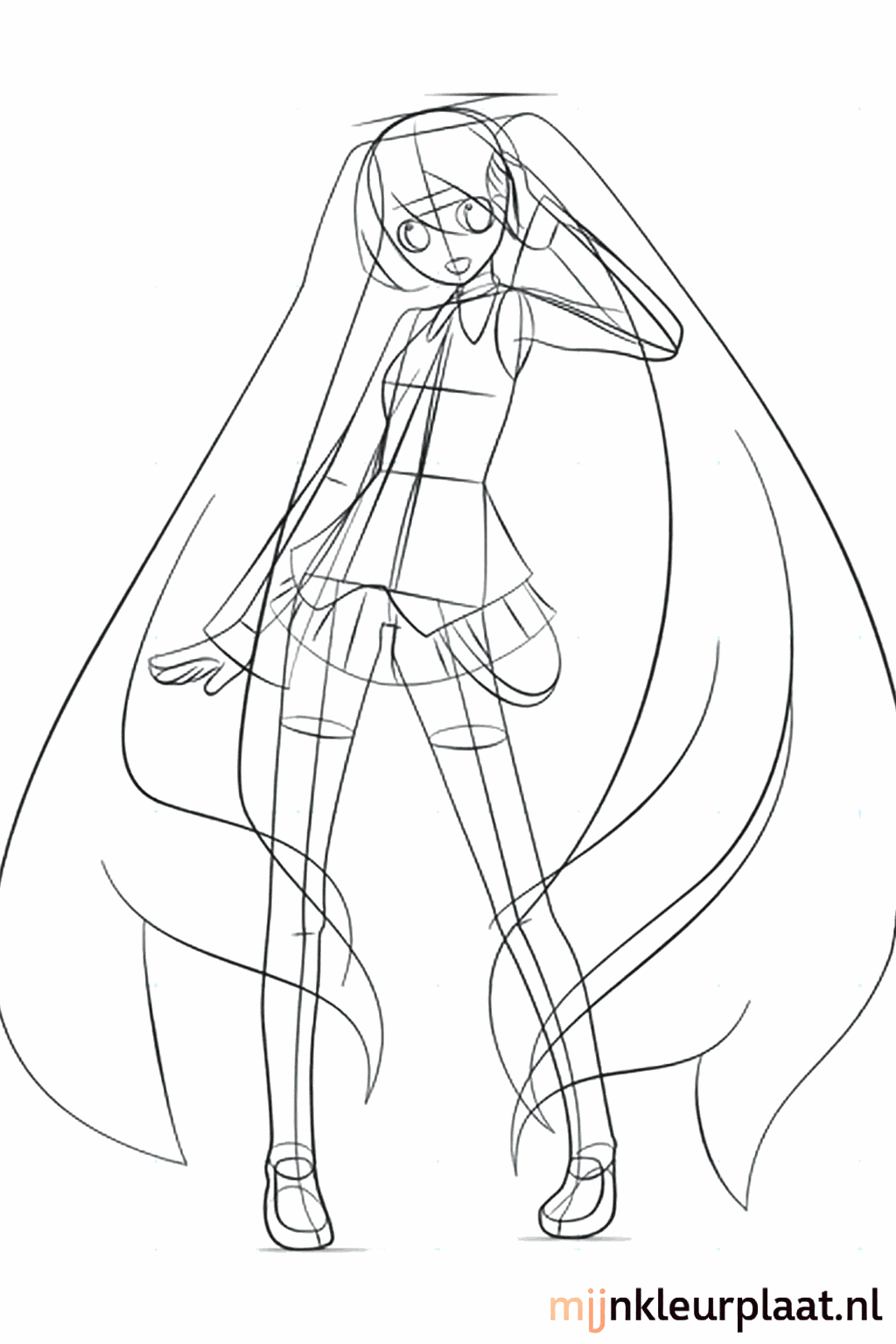 Lange golvende lijnen voor de staarten en mouwen van de popster.