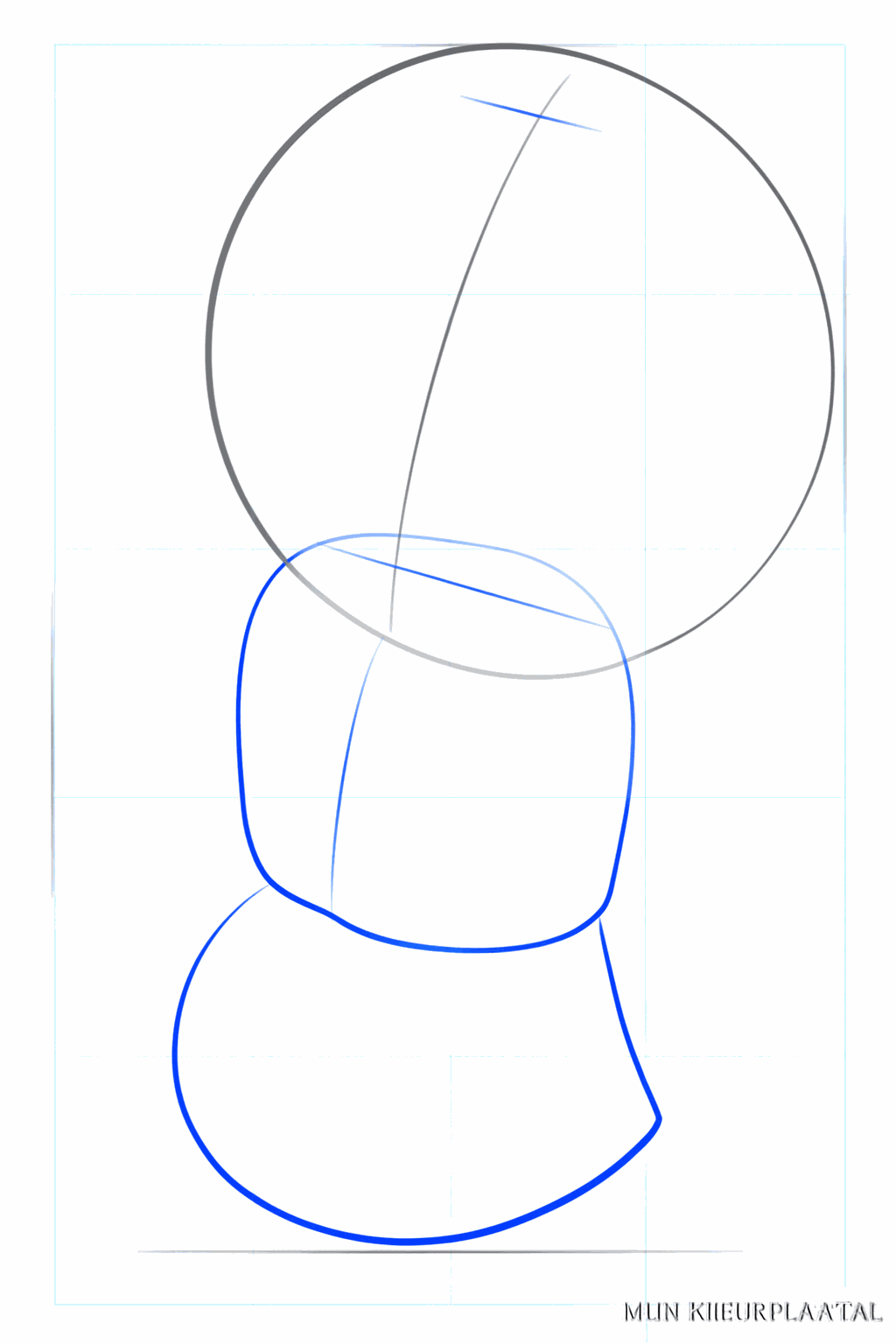 Een grote ovaal bovenop een kleinere cirkel met een centrale lijn.