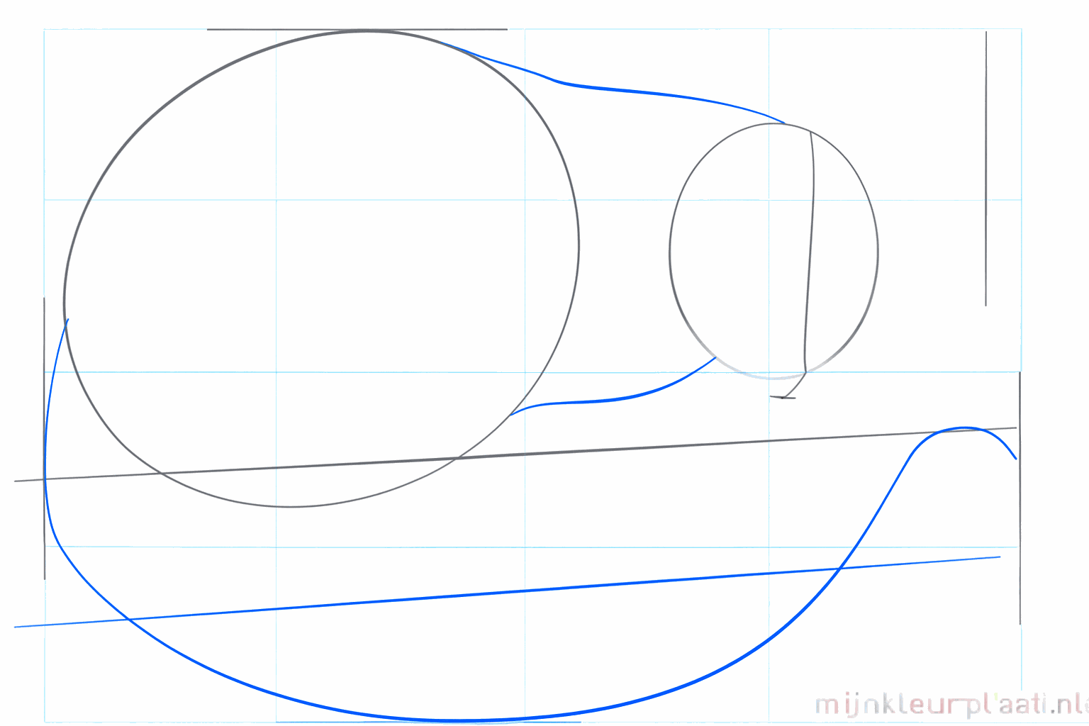 De basisvormen verbonden met een nek en een lange gebogen lijn voor de staart.