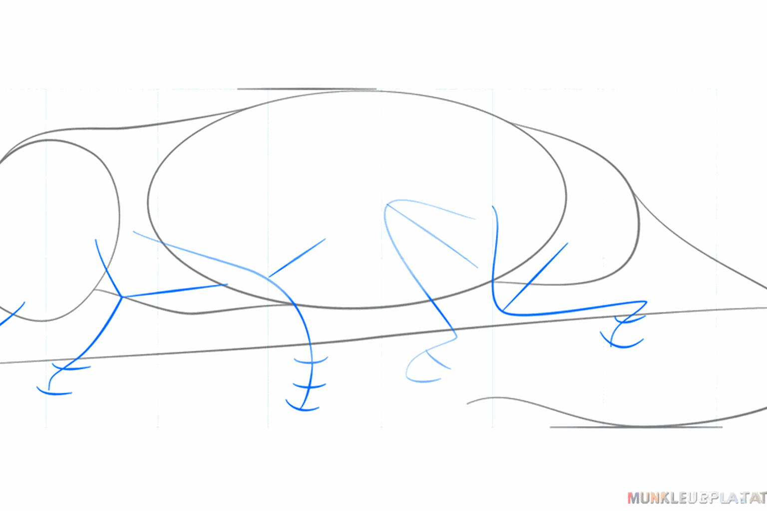 Kleine streepjes die de plekken voor de poten en de mond aangeven.