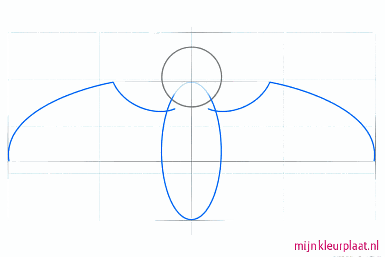 Een grote ovaal onder het hoofd met twee lange lijnen die als armen naar buiten steken.