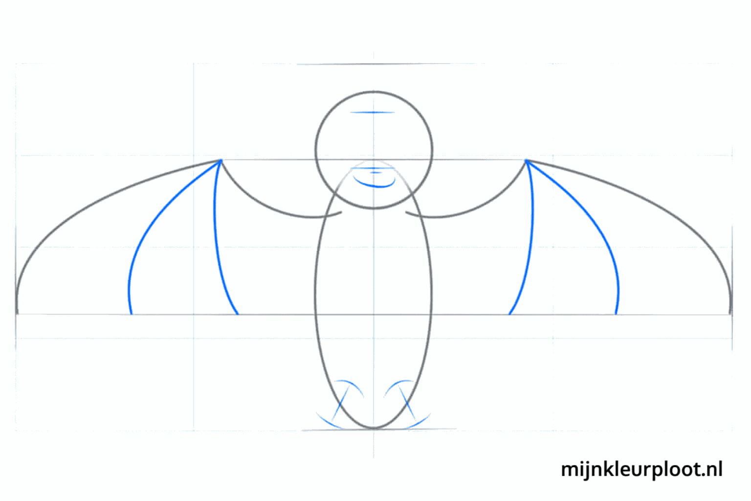 Hulplijnen voor de vleugelbotten en een ruwe vorm voor de snuit van de vleermuis.